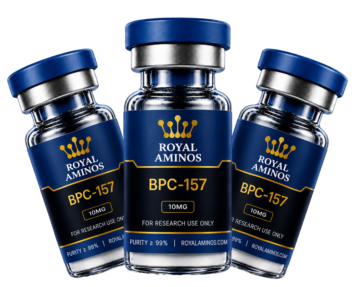 Royal Aminos research vials — GHK-Cu, BPC-157 and MOTS-C, for research use only